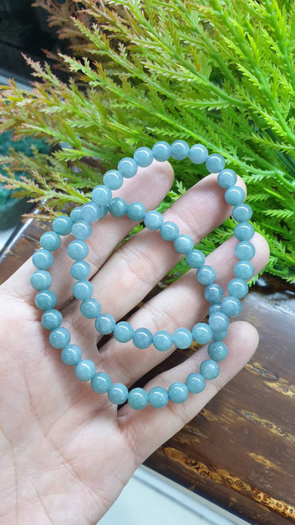 Olmec Blue Jade Bracelet 17cm Type A Natural Jadeite Misty Translucent Beads