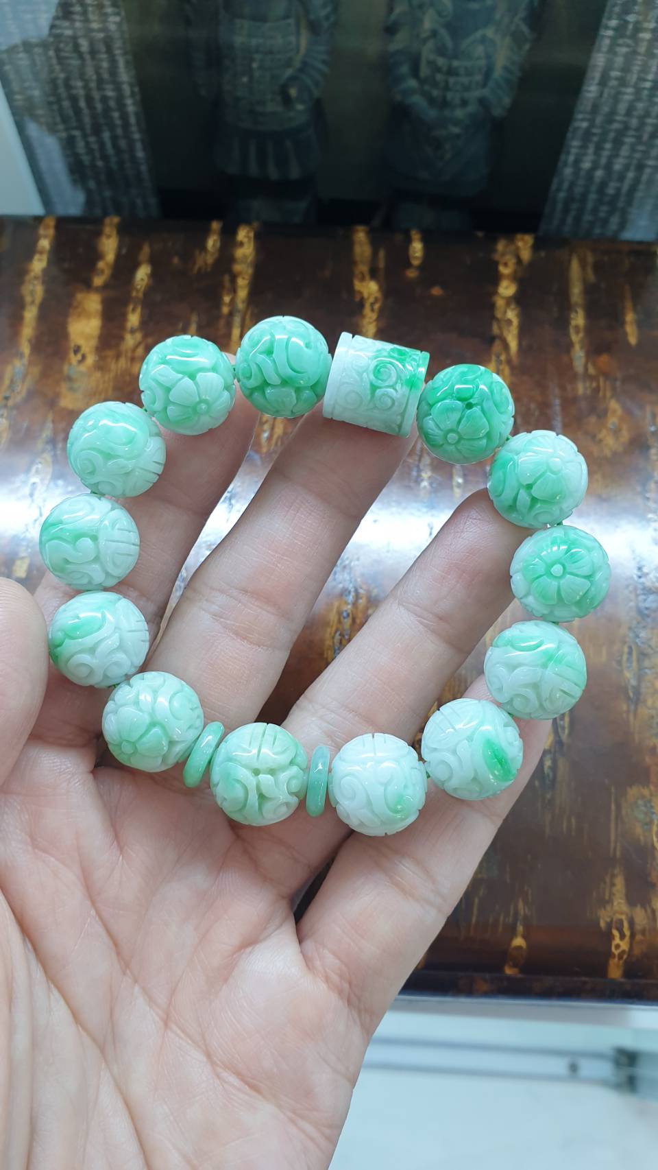 Natural Moss In Snow Jade 17cm Bracelet with Cylinder and Ping An Kou Charm