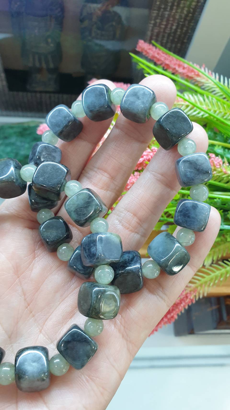 Cube Mabled Black Jade Bracelet 17cm Type A Natural Jadeite Spaced Beads