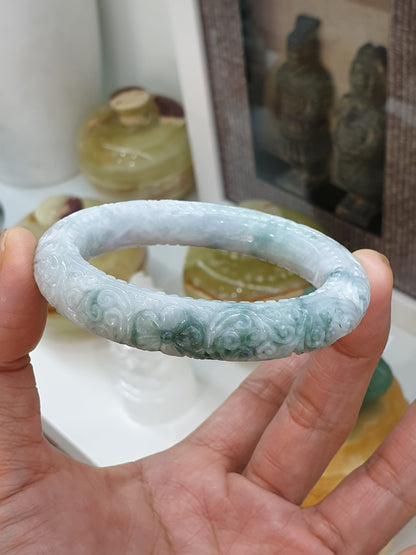 Carved Jade Floral Bangle S56 Cylindrical Type A Moss in Snow Jadeite