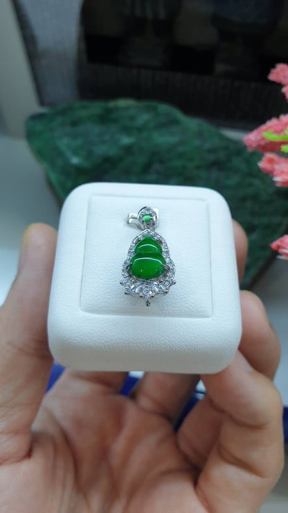 Jade Wu Lou Sterling Silver Locket Pendant Type A Natural Imperial Green Jadeite
