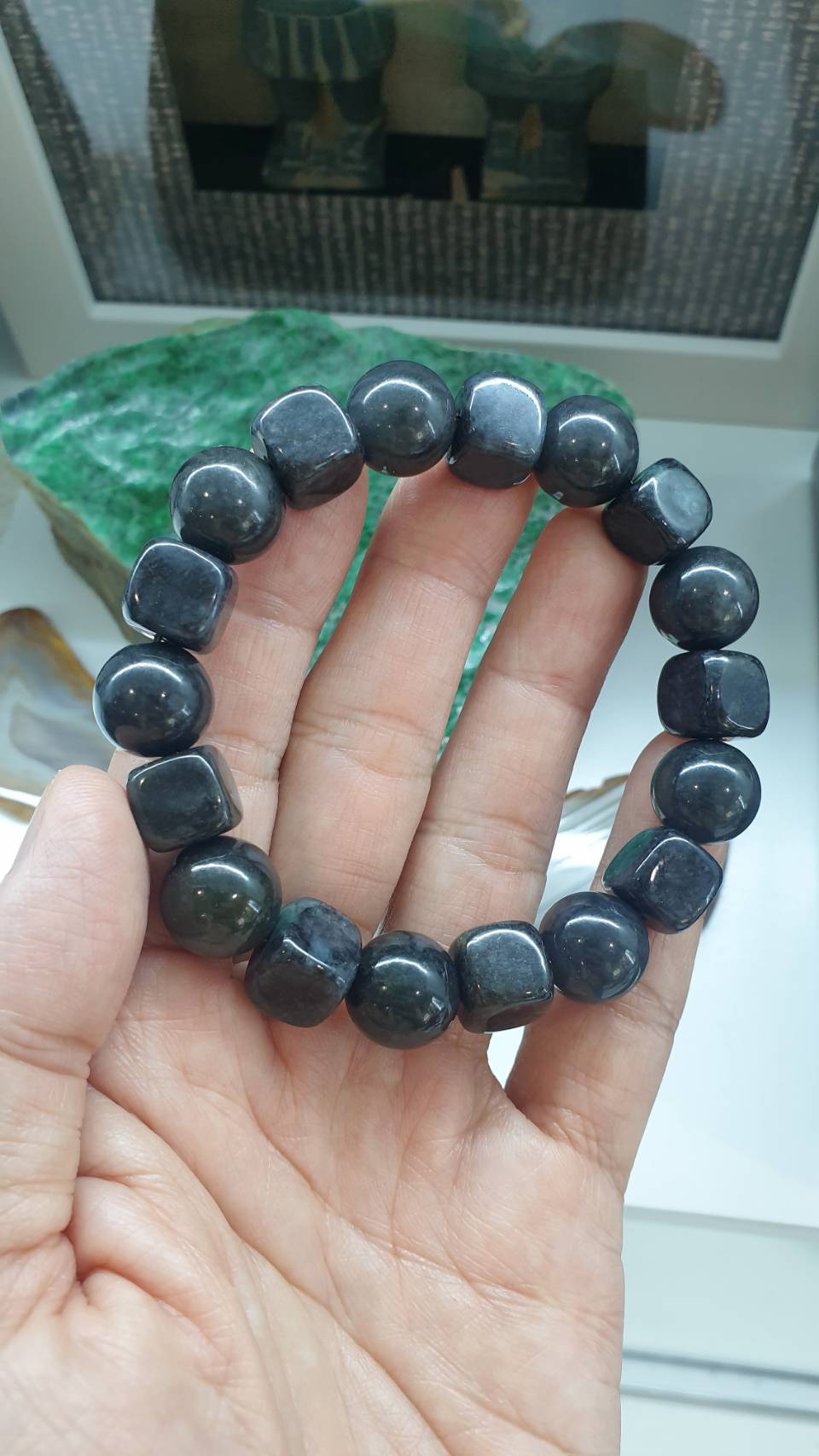 Type A Natural Black Jadeite 18mm Bracelet with Cube and Beads Jade