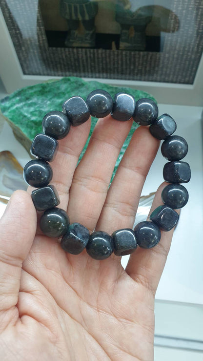 Type A Natural Black Jadeite 18mm Bracelet with Cube and Beads Jade