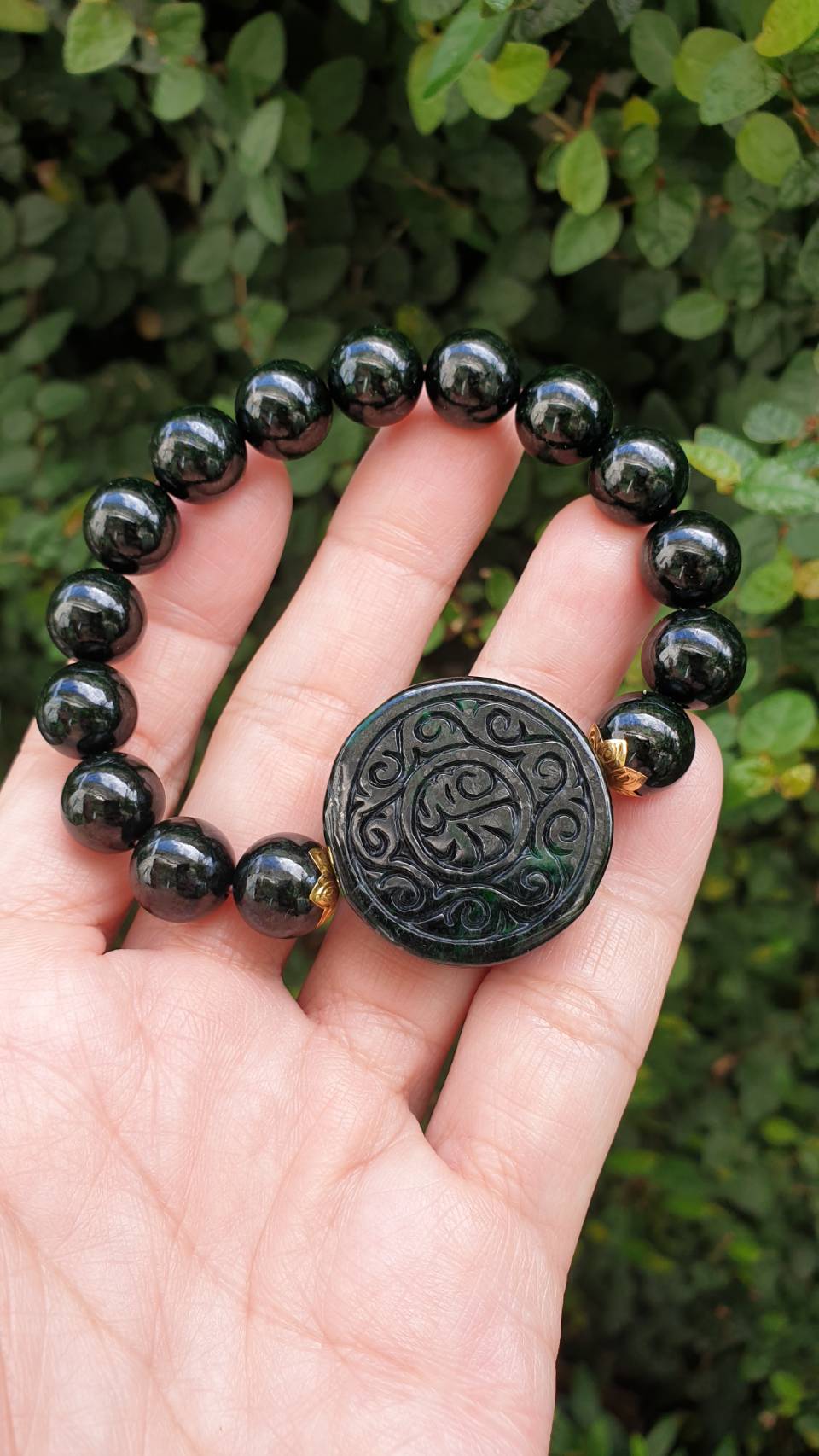 Ru Yi Black Jade Bracelet 17cm Gold Accents Myanmar Natural Black Jadeite Type A