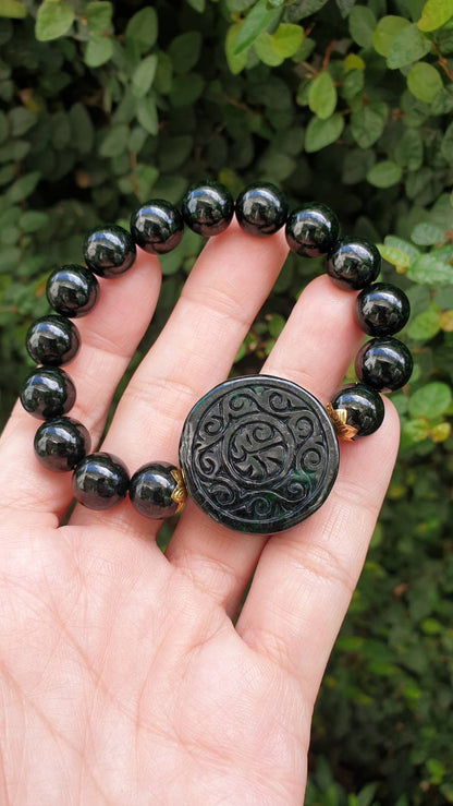 Ru Yi Black Jade Bracelet 17cm Gold Accents Myanmar Natural Black Jadeite Type A