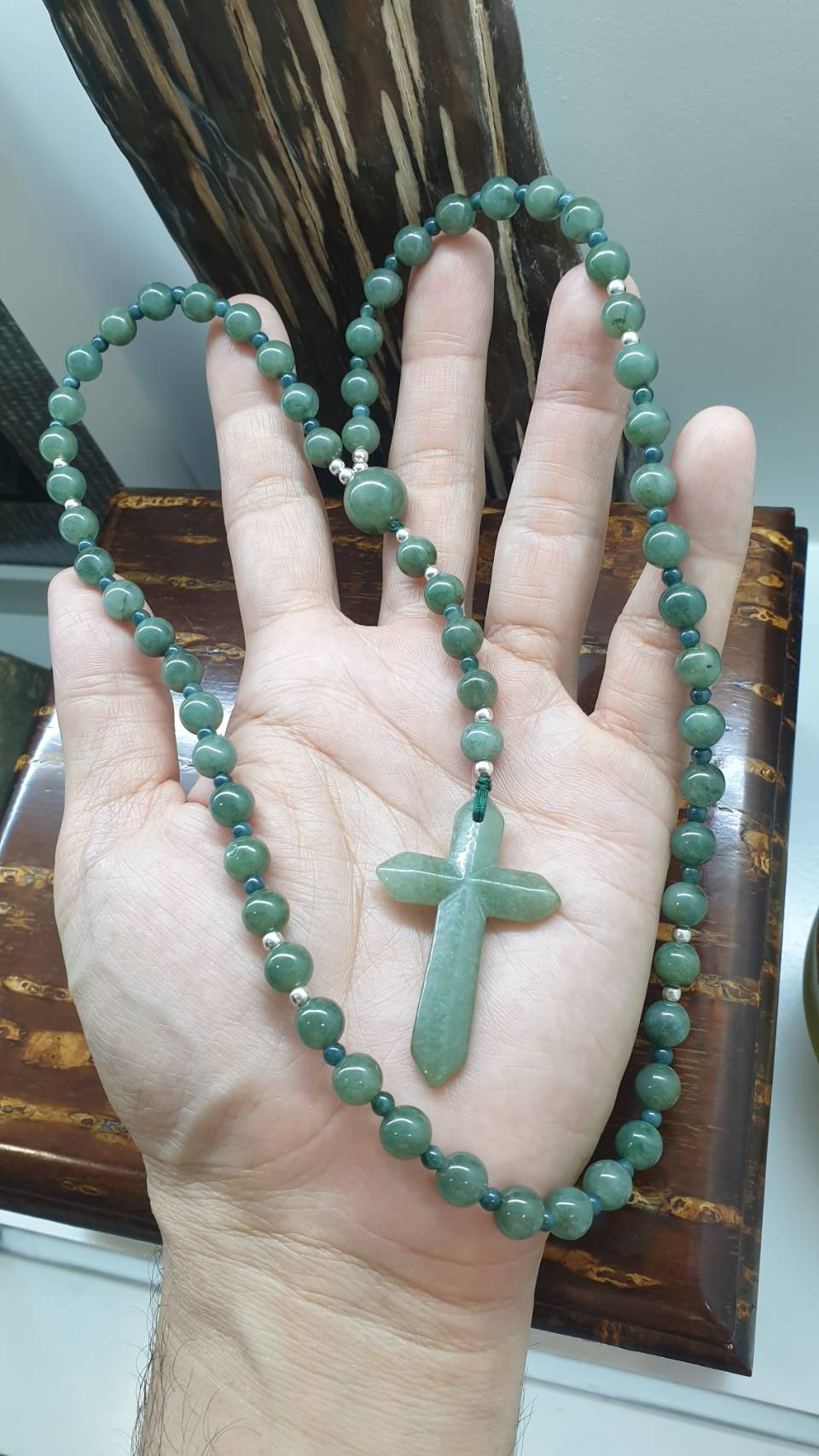 Green Jade Rosary 26inch - Vintage Natural Jadeite 7.5mm Beads - Handcrafted Prayer