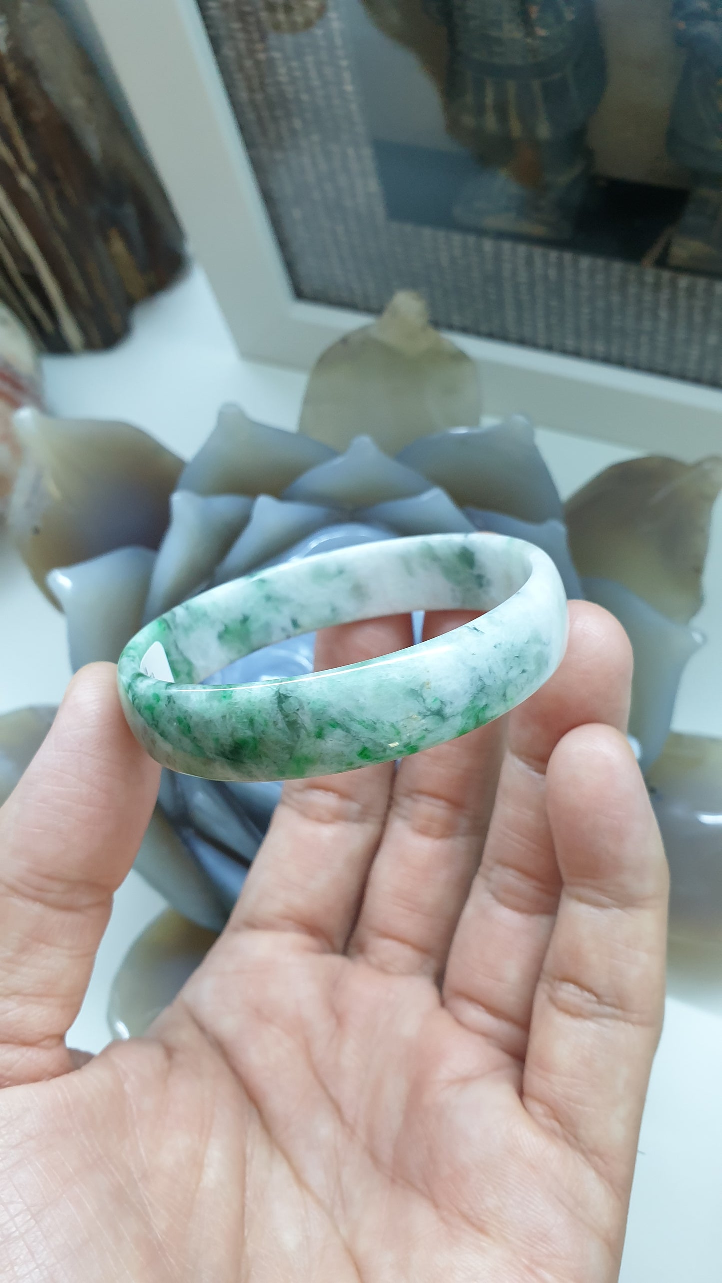 Moss in Snow Jade Square Edge Bangle (S 52.8) | Fei Cui Type A Jadeite