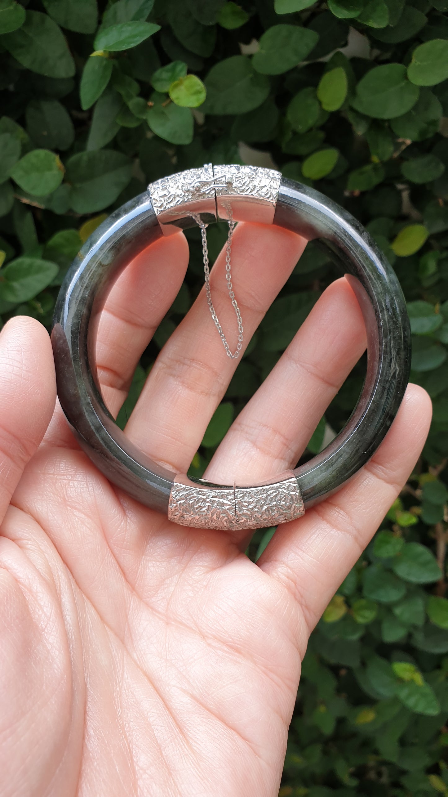 Jade Split Bangle S63 Natural Black Type A Myanmar Jadeite Sterling Silver Designer Locks