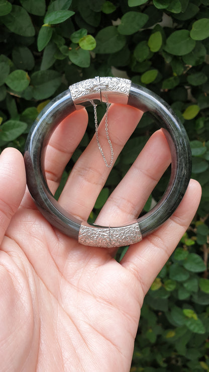 Jade Split Bangle S63 Natural Black Type A Myanmar Jadeite Sterling Silver Designer Locks