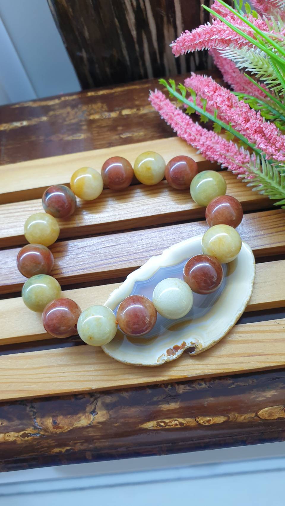 Honey and Red Jade Handmade Beads Bracelet 17cm Type A Natural Myanmar Jadeite