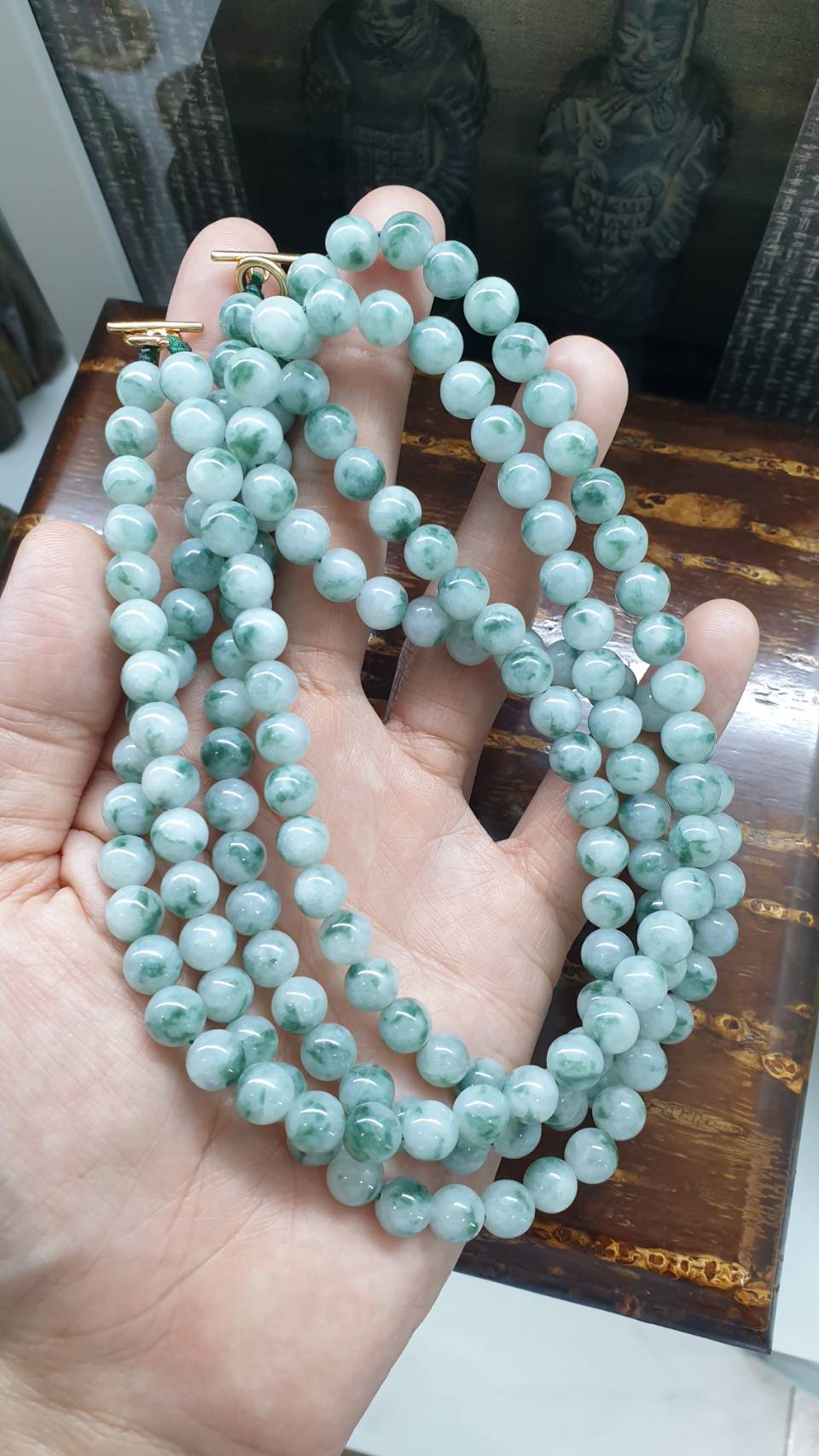 Moss in Snow Jade Beads Necklace (25") | 9K Gold Toggle | Type A Natural Jadeite Vintage Beads