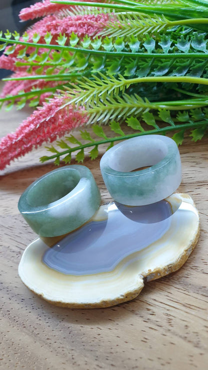 Marbled Green Jade Archers Ring 12.25US 12.75US Fei Cui Type A Natural Myanmar Jadeite