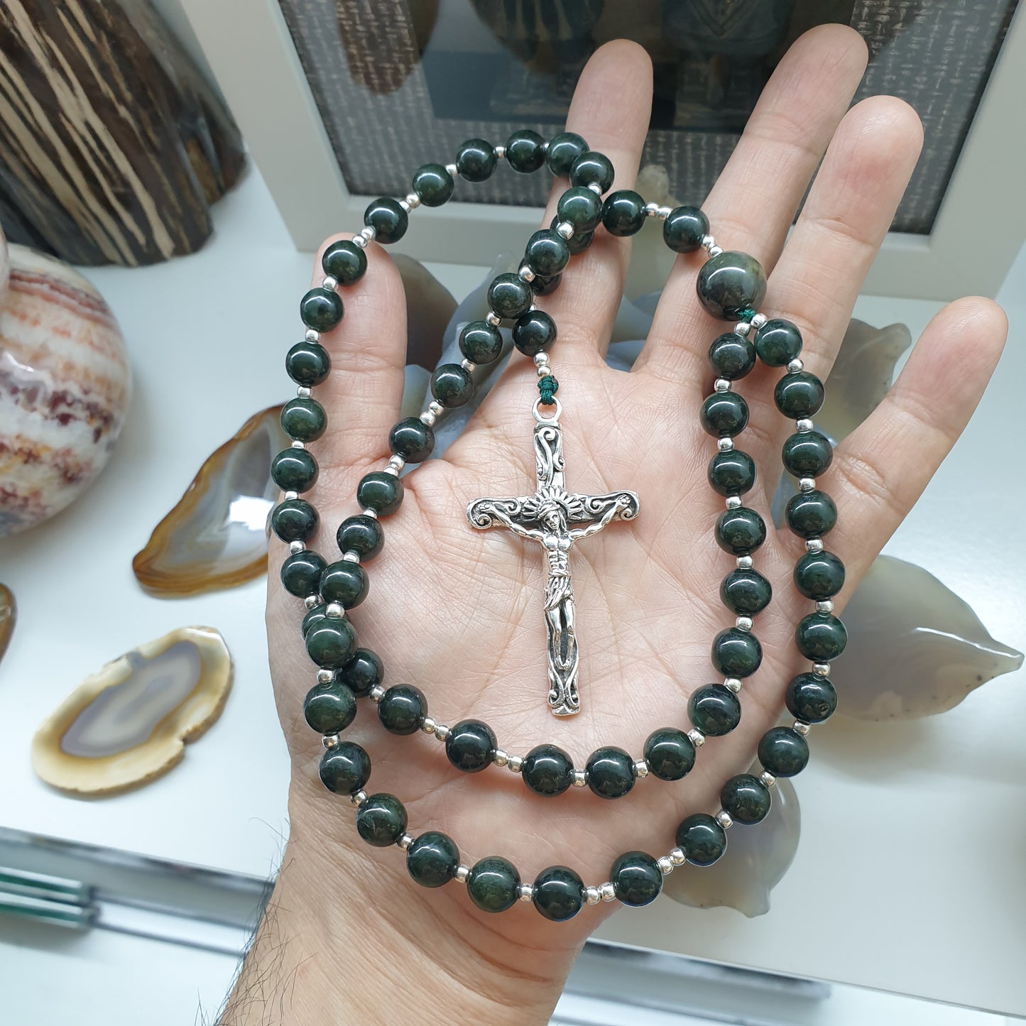 Jade Rosary Necklace 30inch - Black-Green Beads, Type A Natural  Jadeite