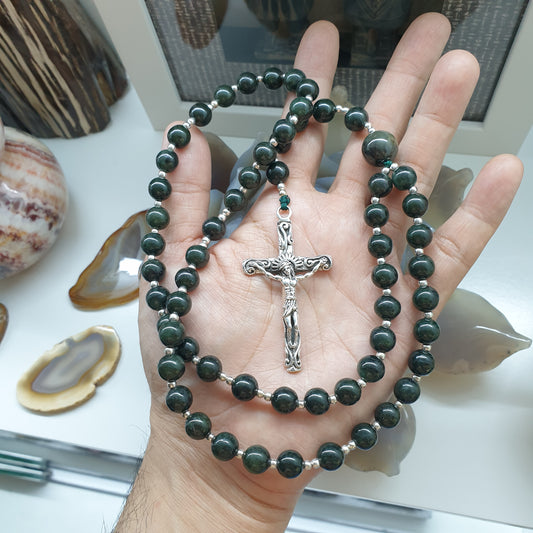Jade Rosary Necklace (30 inch) | Black-Green Beads, Type A Natural  Jadeite | Sterling Silver Crucifix
