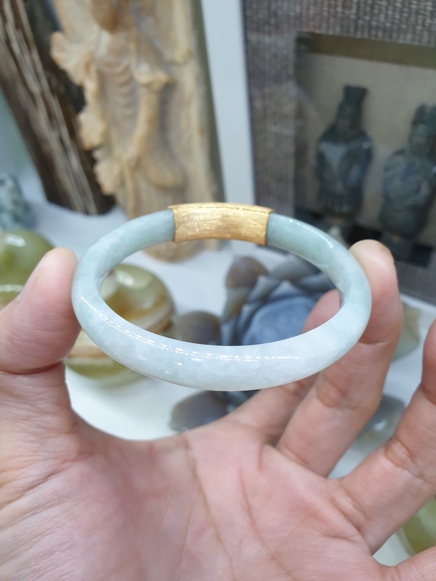 Flying Doves on Jade Bangle (S 57) | Solid 9K Gold, Fei Cui Original Jadeite | Stylish Wrist Accessory for Her
