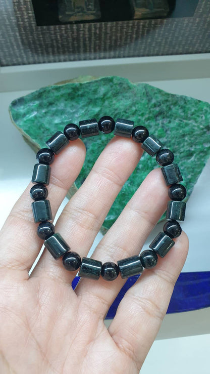Jade Cylinder Beads Bracelet 17cm Fei Cui Type A Myanmar Black Jadeite