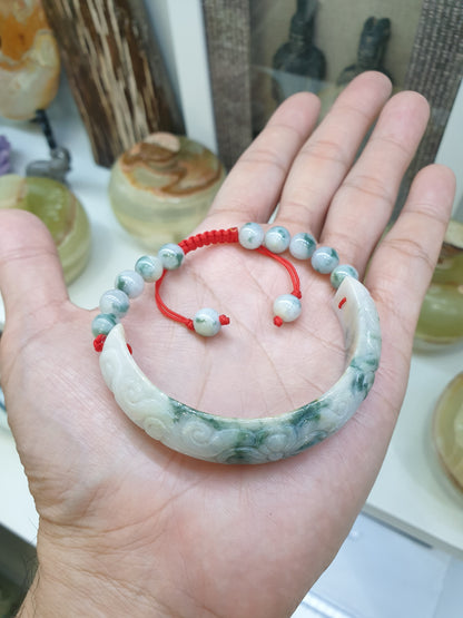 Jade Floral Half Bangle Red Thread Bracelet (Adjustable) | Fei Cui - Type A - Jadeite