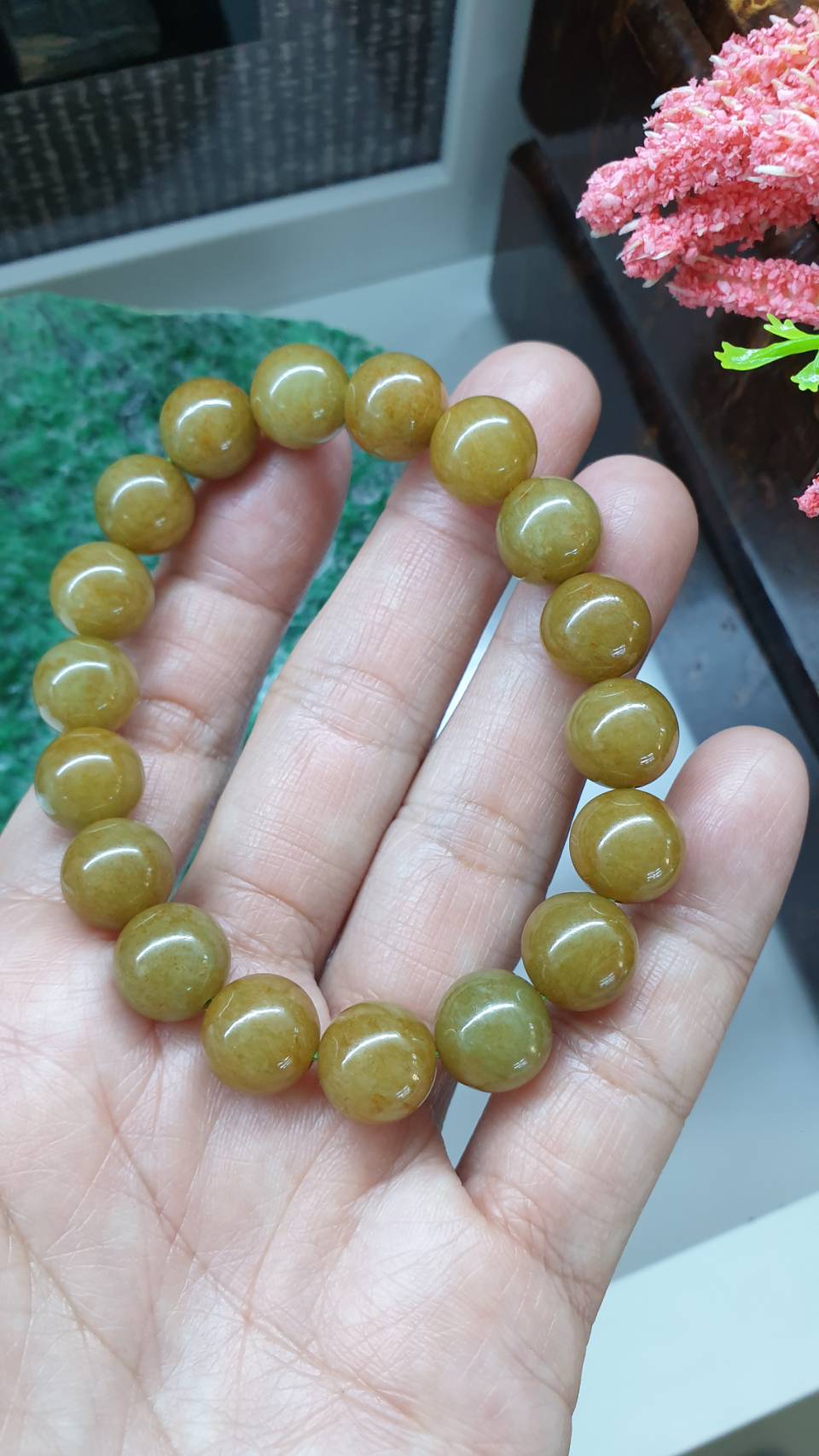 Honey Brown Jade Bracelet 17cm Type A Myanmar Jadeite His or Hers Beaded Wristband