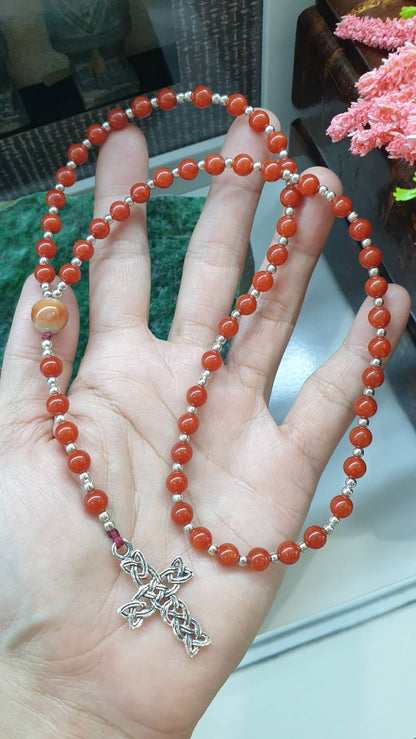 Red Jade Rosary 24.5in Natural Myanmar Jadeite Sterling Silver Cross