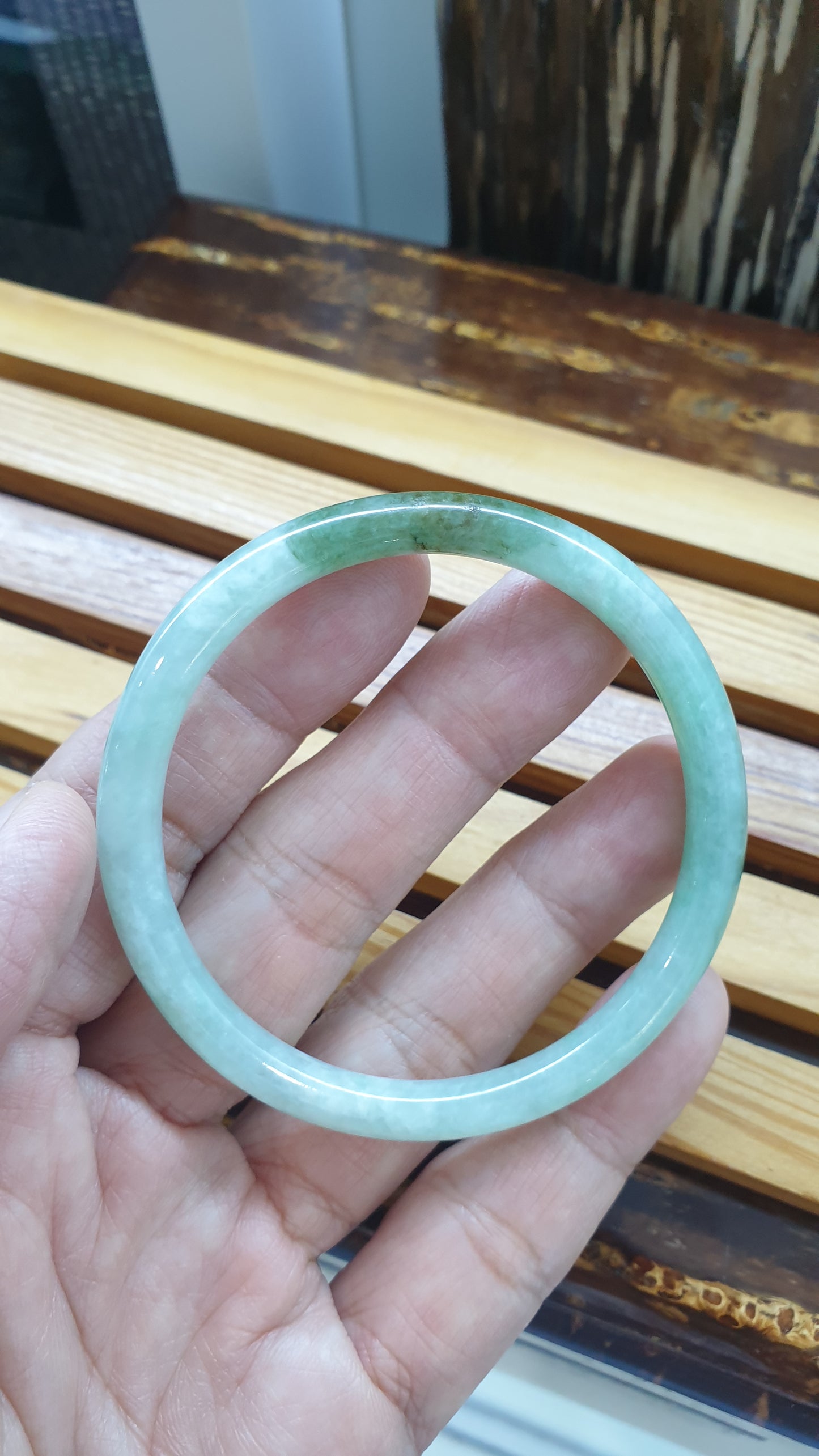 Jade Cylindrical Slim Bangle S56 Type A  Myanmar Jadeite Natural Light Green
