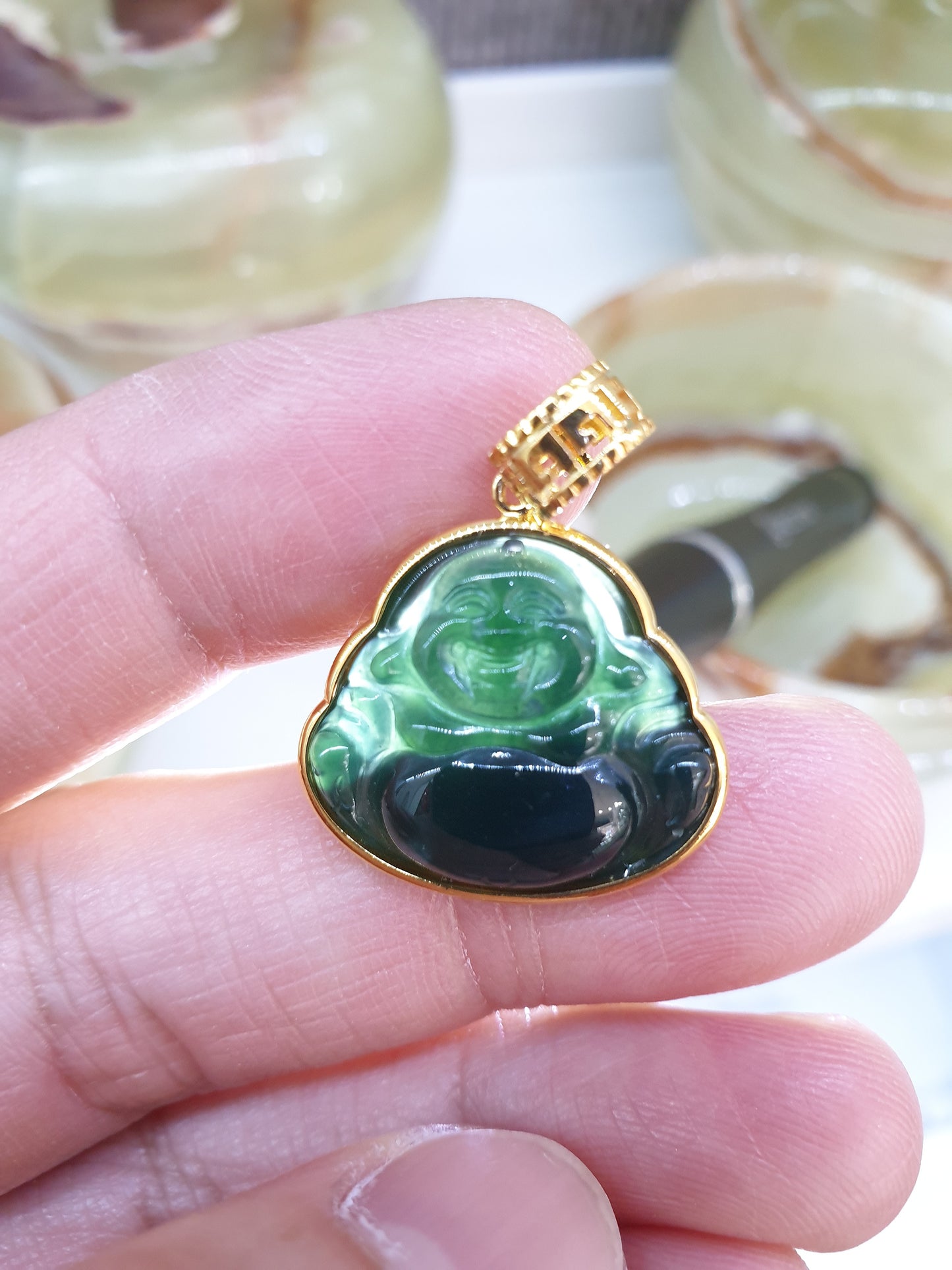 Blue Jade Happy Buddha Pendant | 18K Gold Setting | Wealth & Fortune Jewelry