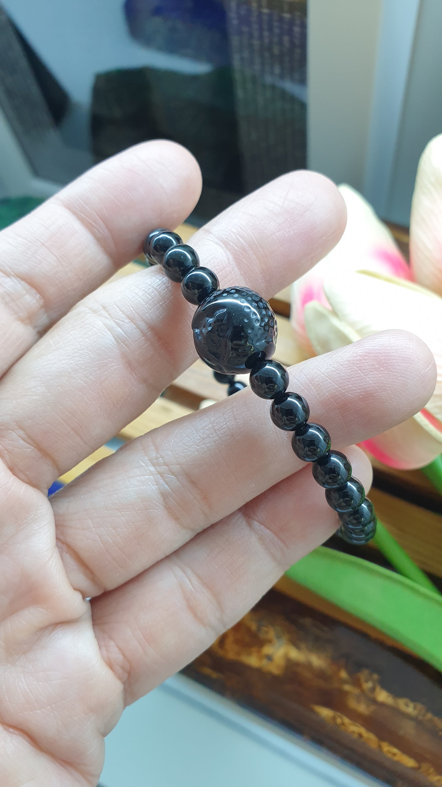 Black Jade Buddha Peace Bracelet 17cm Natural Burma Jadeite 6mm Beads
