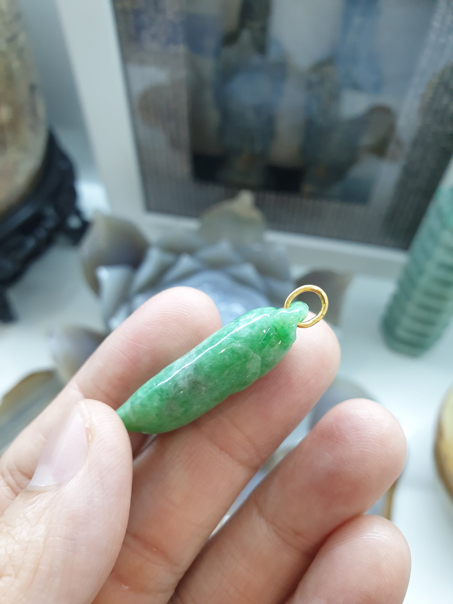Green Jade Lucky Charm Pendant | 9K Gold Bail | Fei Cui Natural Jadeite