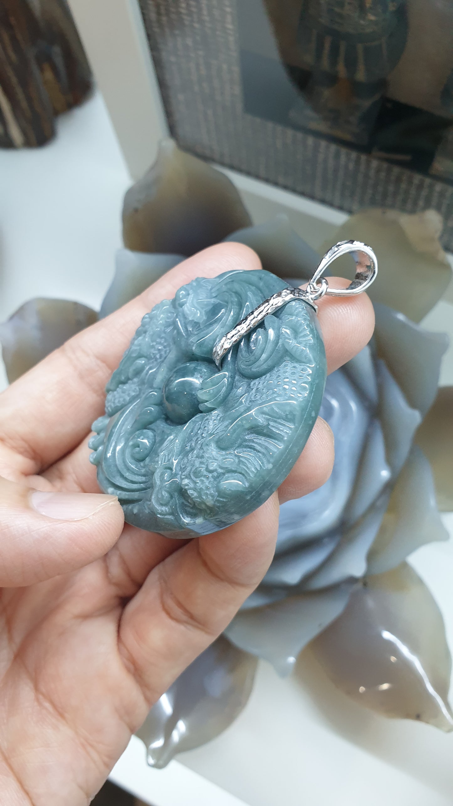 Fire-Breathing Dragon Pendant | Fei Cui - Natural Blue Jadeite | Authentic Sterling Silver
