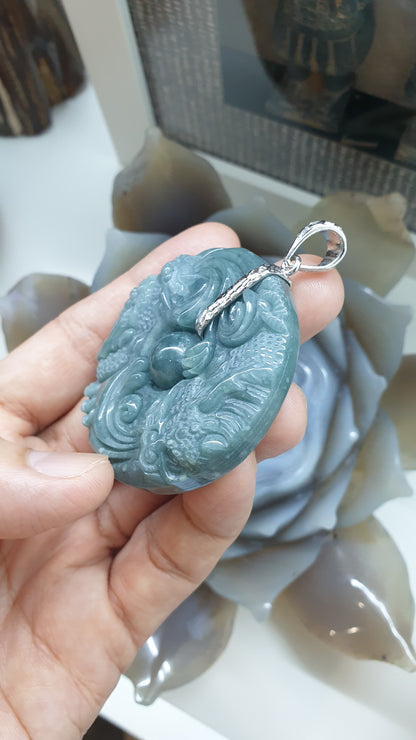 Fire-Breathing Dragon Pendant | Fei Cui - Natural Blue Jadeite | Authentic Sterling Silver