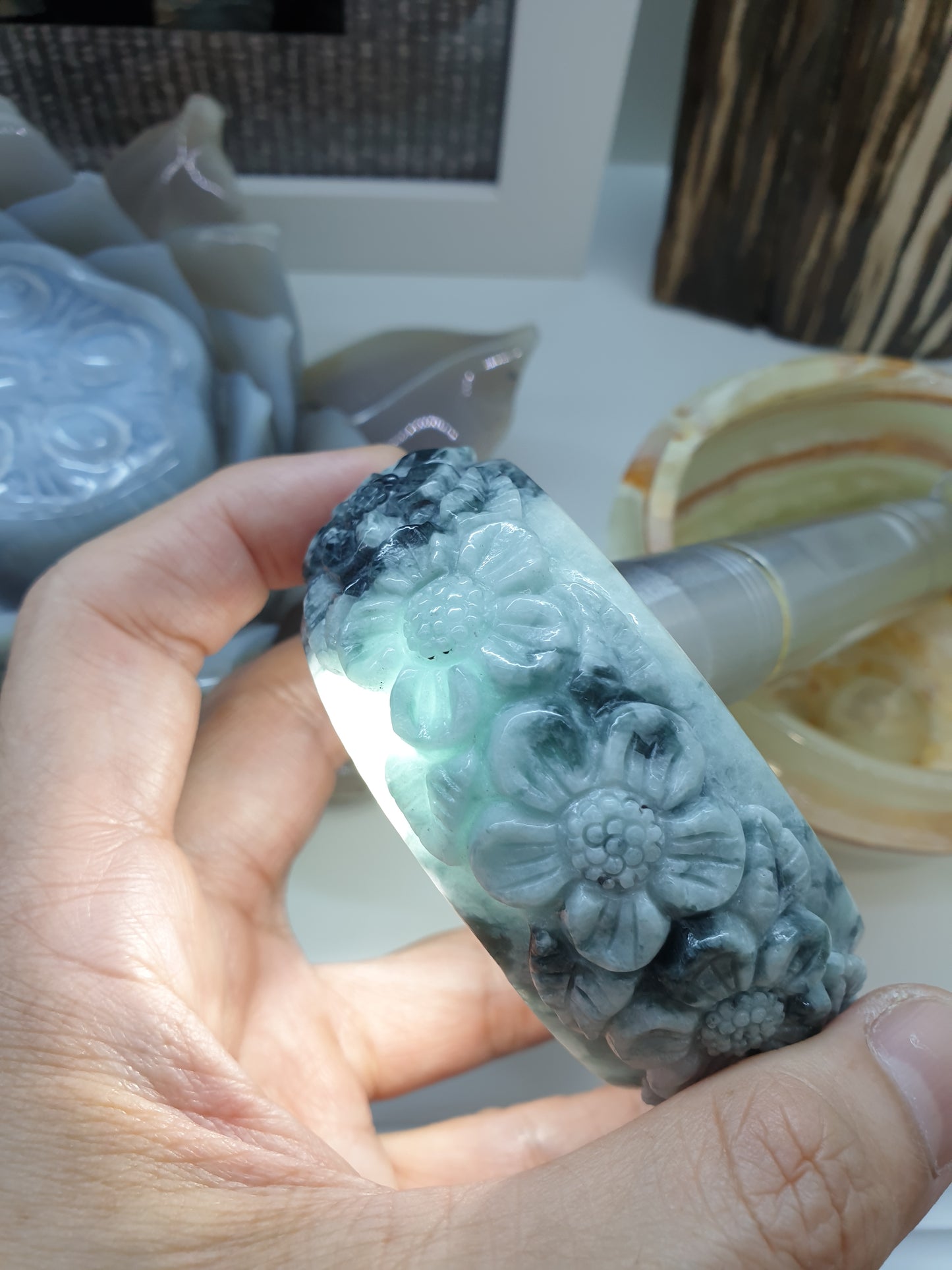 Carved Jade Floral Bangle S62.5 Type A Natural Jadeite Marbled Blue Gray