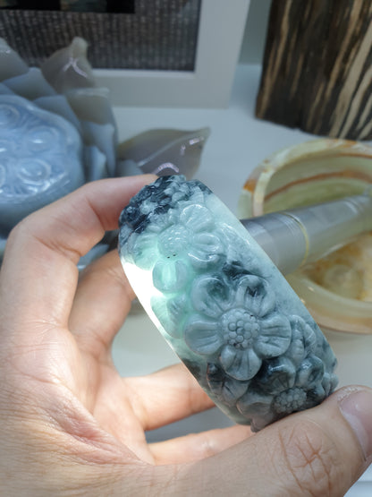 Carved Jade Floral Bangle S62.5 Type A Natural Jadeite Marbled Blue Gray