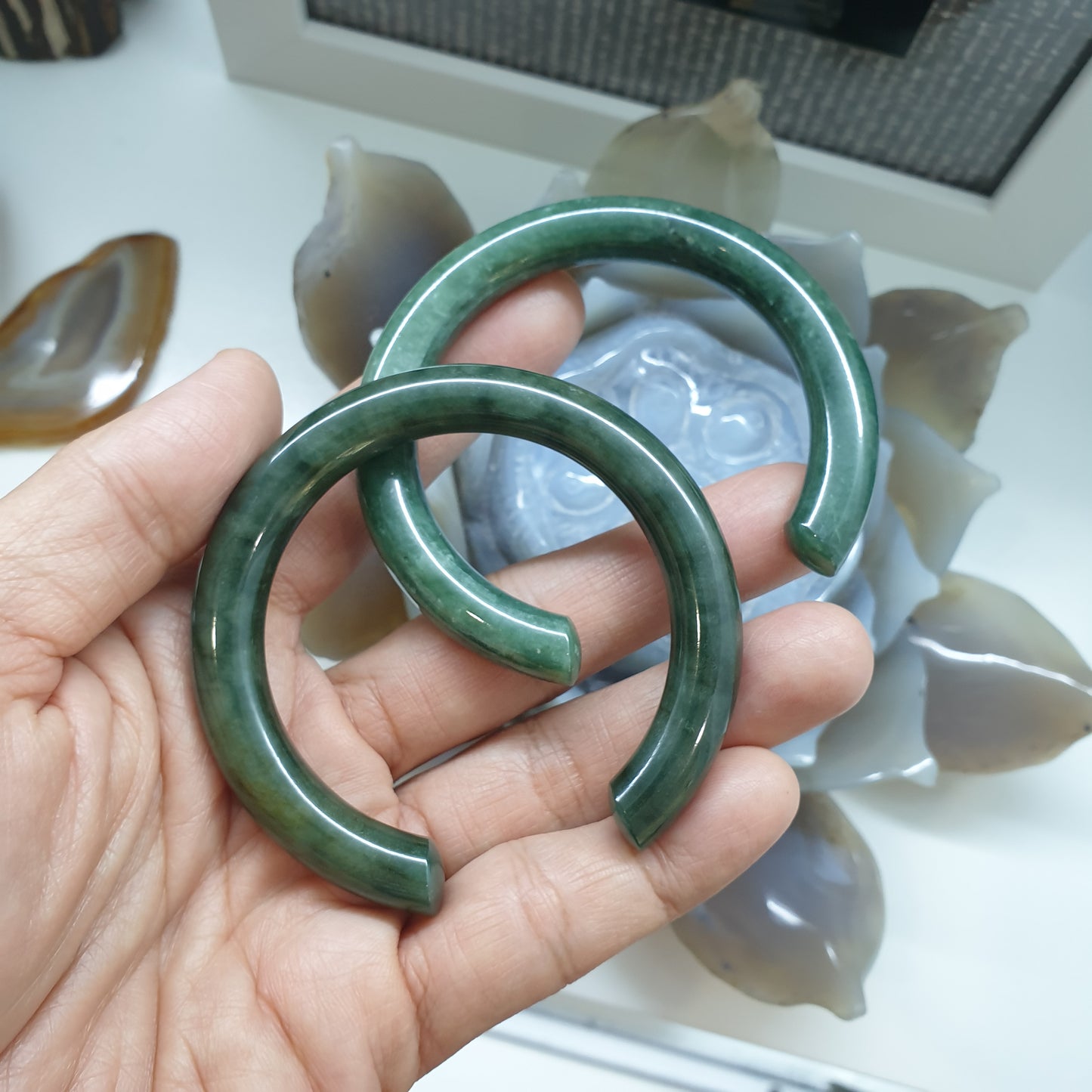 Jade Cuff Bangles Cylindrical Size 54 or 55.5 Natural Green Jadeite