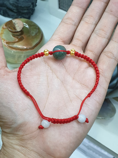 Jade Bead & Gold Lucky Charm in Red Thread Bracelet (Adjustable) | Pure 24K Gold | Fei Cui - Type A Jadeite