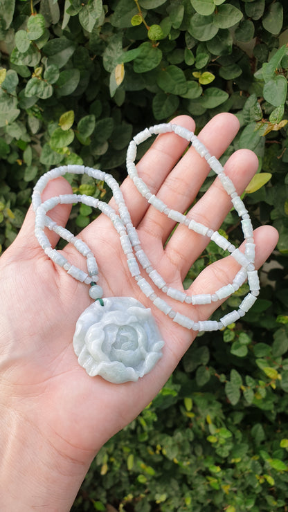 Peony and Bamboo Beads White Jade Necklace 26inch Type A Myanmar Jadeite