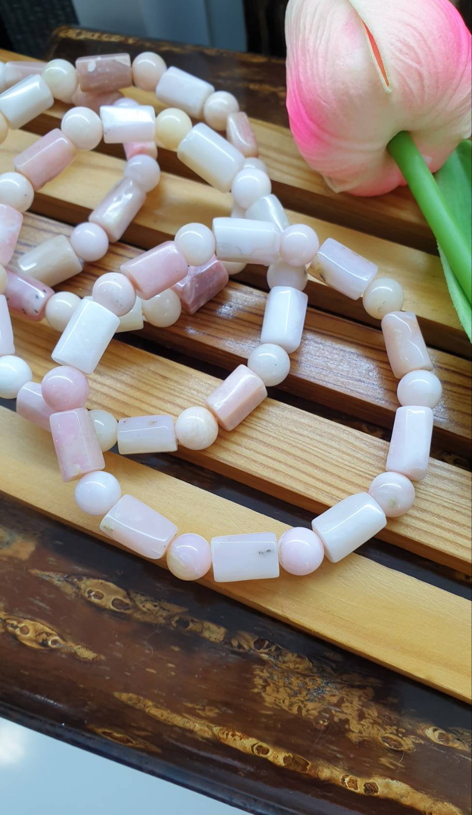 Pink Opal Stretch Bracelets 17cm, Natural Gemstone Cylinder Beads