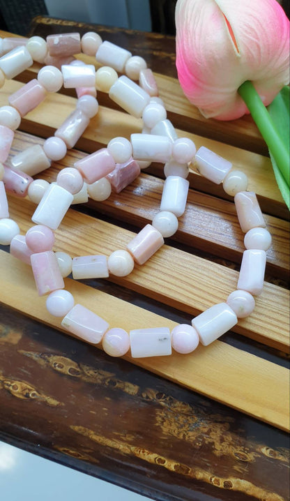 Pink Opal Stretch Bracelets 17cm, Natural Gemstone Cylinder Beads