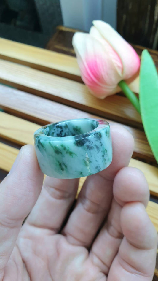 Jade Archer's Ring 11.75 US Type A Natural Jadeite Marbled Green