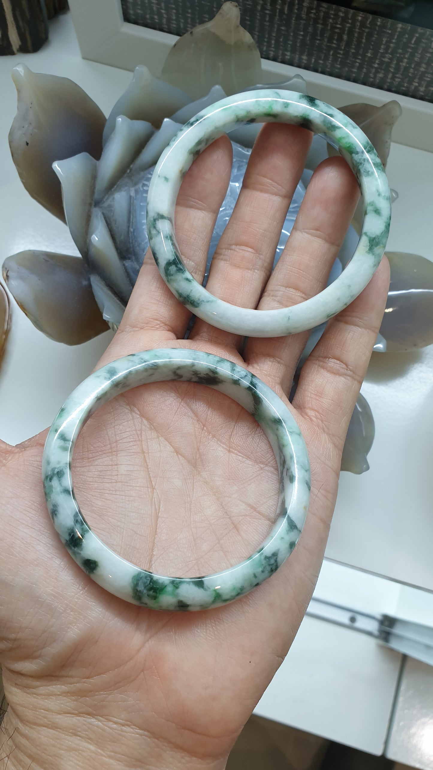 Paired Marbled Green Jade Bangles S57.5 Type A Natural Burma Jadeite
