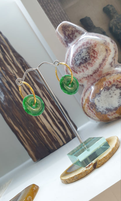 Jade Ping An Kou Loop Earrings | Solid 22K Gold | Fei Cui Type A Natural Jadeite