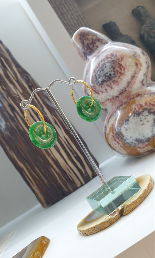 Jade Ping An Kou Loop Earrings | Solid 22K Gold | Fei Cui Type A Natural Jadeite