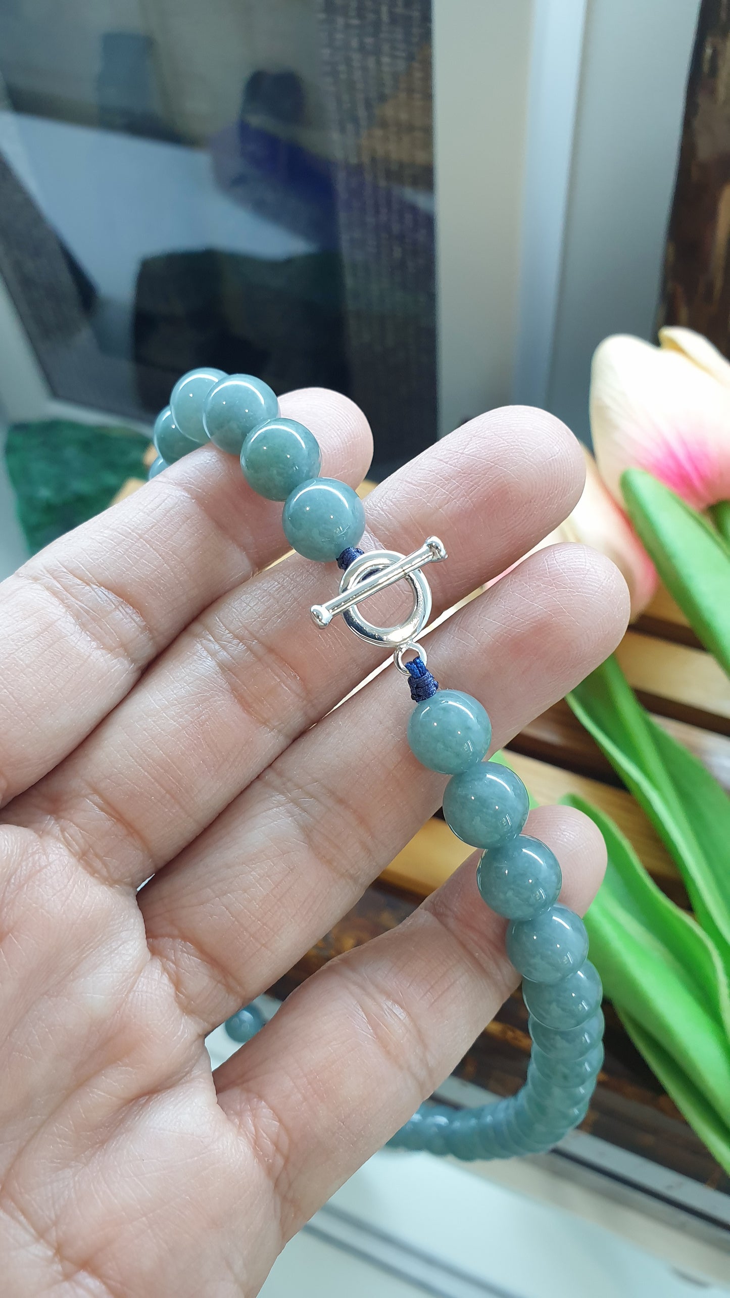 Blue Jade Beaded Choker 16inch 9K White Gold Type A Natural Jadeite