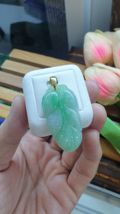 18K Gold Jade Leaf Pendant Misty Green Fei Cui Type A Myanmar Jadeite