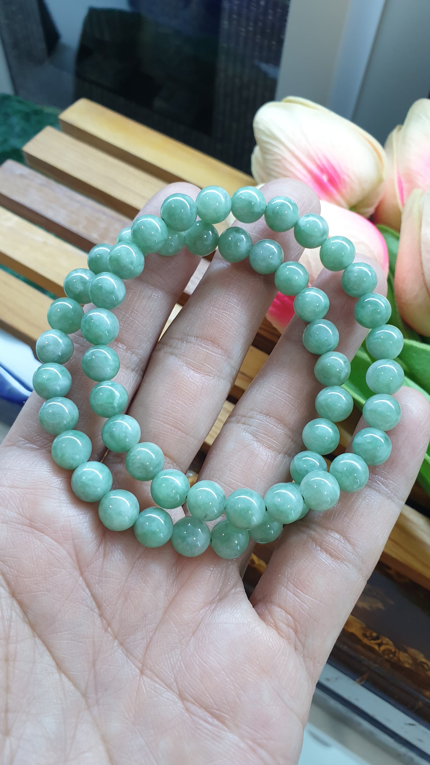 Green Jade Beaded Bracelet 17cm Type A Myanmar Jadeite