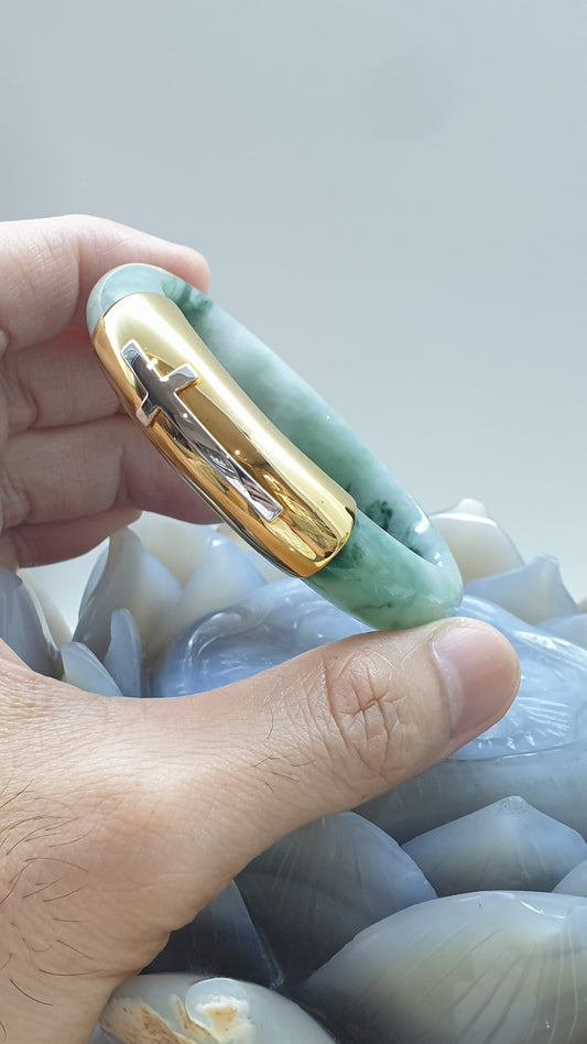 Elegant Cross on Jade Bangle (S 58) | Solid 14K Gold, Fei Cui Original Jadeite | Stylish His or Hers Wrist Accessory