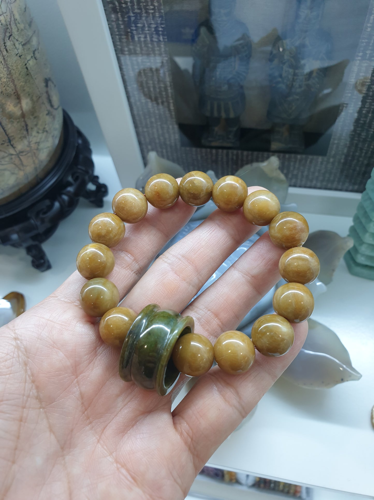 Earthy Cream-Brown Natural Jade Bracelet | Detachable Archer’s Ring Charm | His or Hers Unique Wrist Candy with Handmade Beads