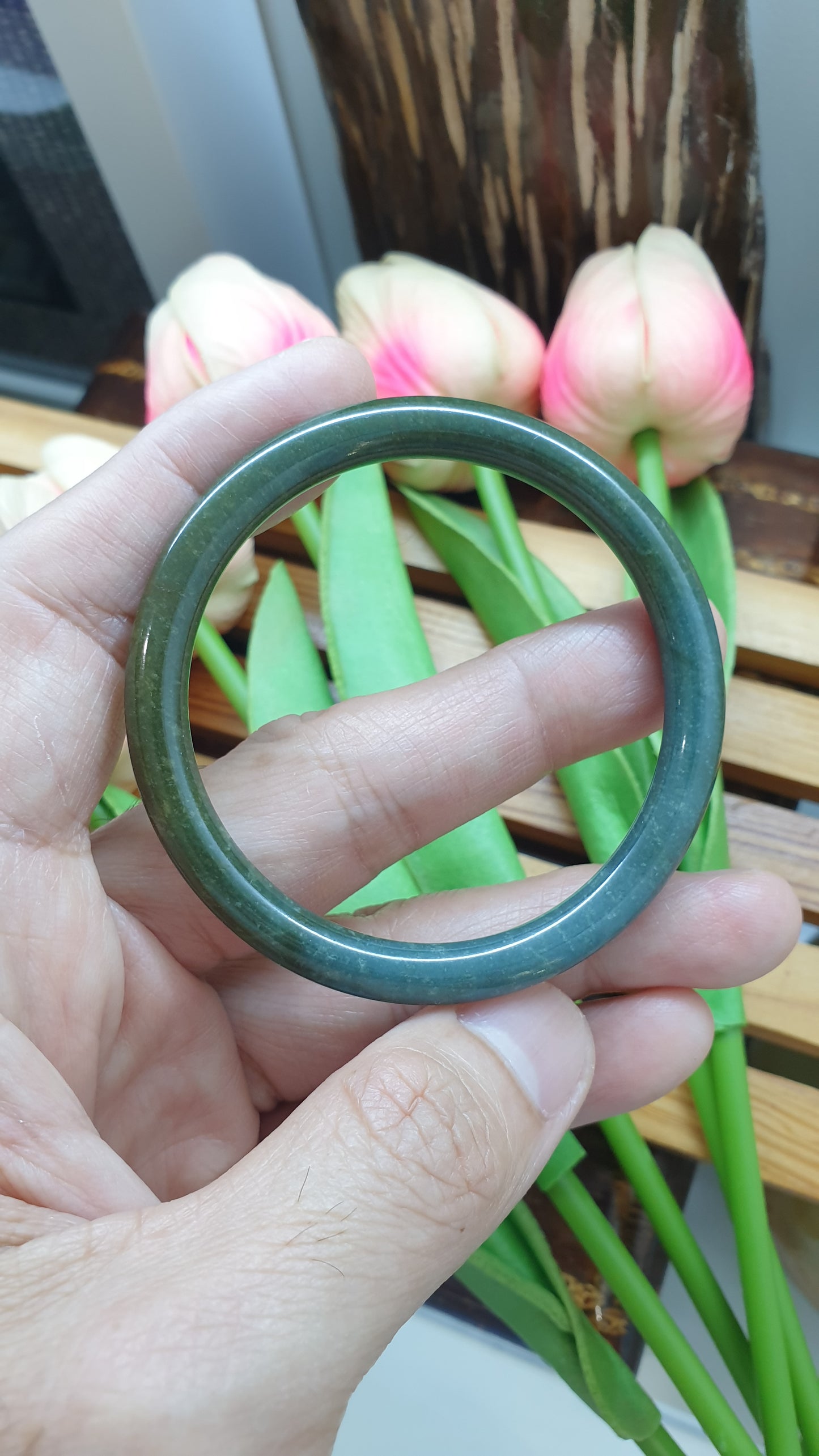 Honey Blue Jade Cylindrical Slim Bangle S54 Type A Natural Jadeite TwoTone