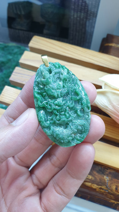 18K Gold Jade Dragon Pendant Fei Cui Type A Natural Green Jadeite