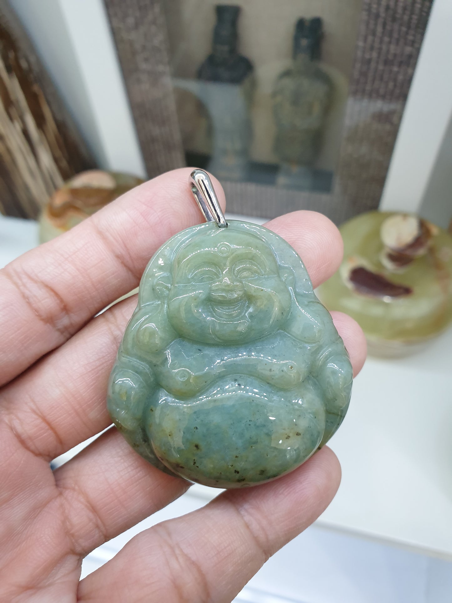 Jade Happy Buddha Pendant | Fei Cui - Natural Jadeite & Sterling Silver | Wealth & Fortune Jewelry