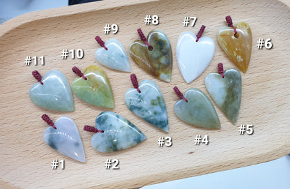 Natural Type A Jadeite Heart Boho Pendant with Handwoven Thread Bail