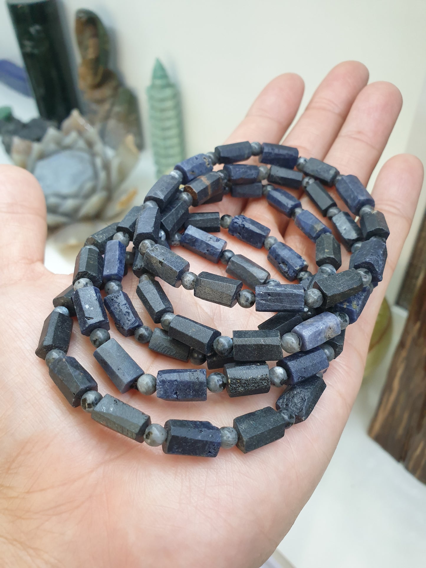 Black Tourmaline Stretch Bracelets 17cm, Natural Gemstone Rugged Cylinder Beads